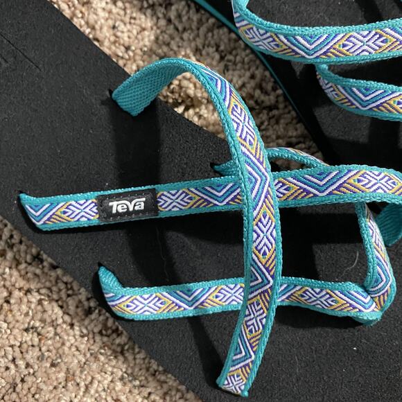 Teva Sandals Womens Size 9 Black Blue Webbing Slip On Slide Lightweight Comfort - Picture 2 of 5